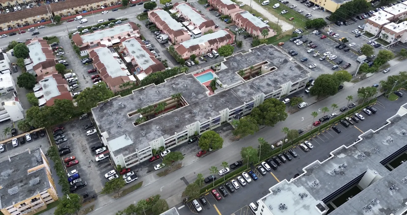 Aerial view of Casa Real Condominium and the surrounding Hialeah neighborhood