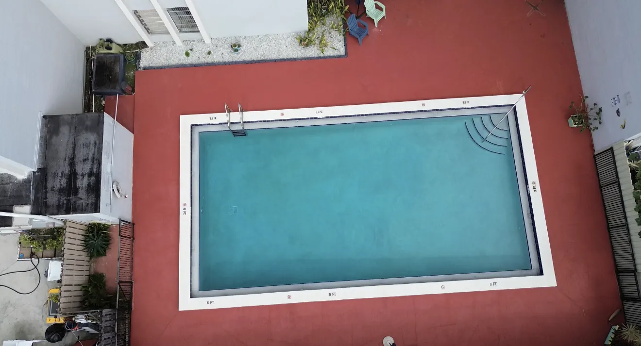 Overhead view of the Casa Real swimming pool and surrounding deck